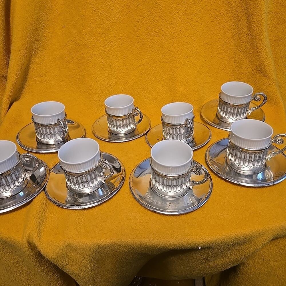 Vintage Arzberg Demitasse 2" Porcelain Cups and Metal Holders and Plates 8 Piece
